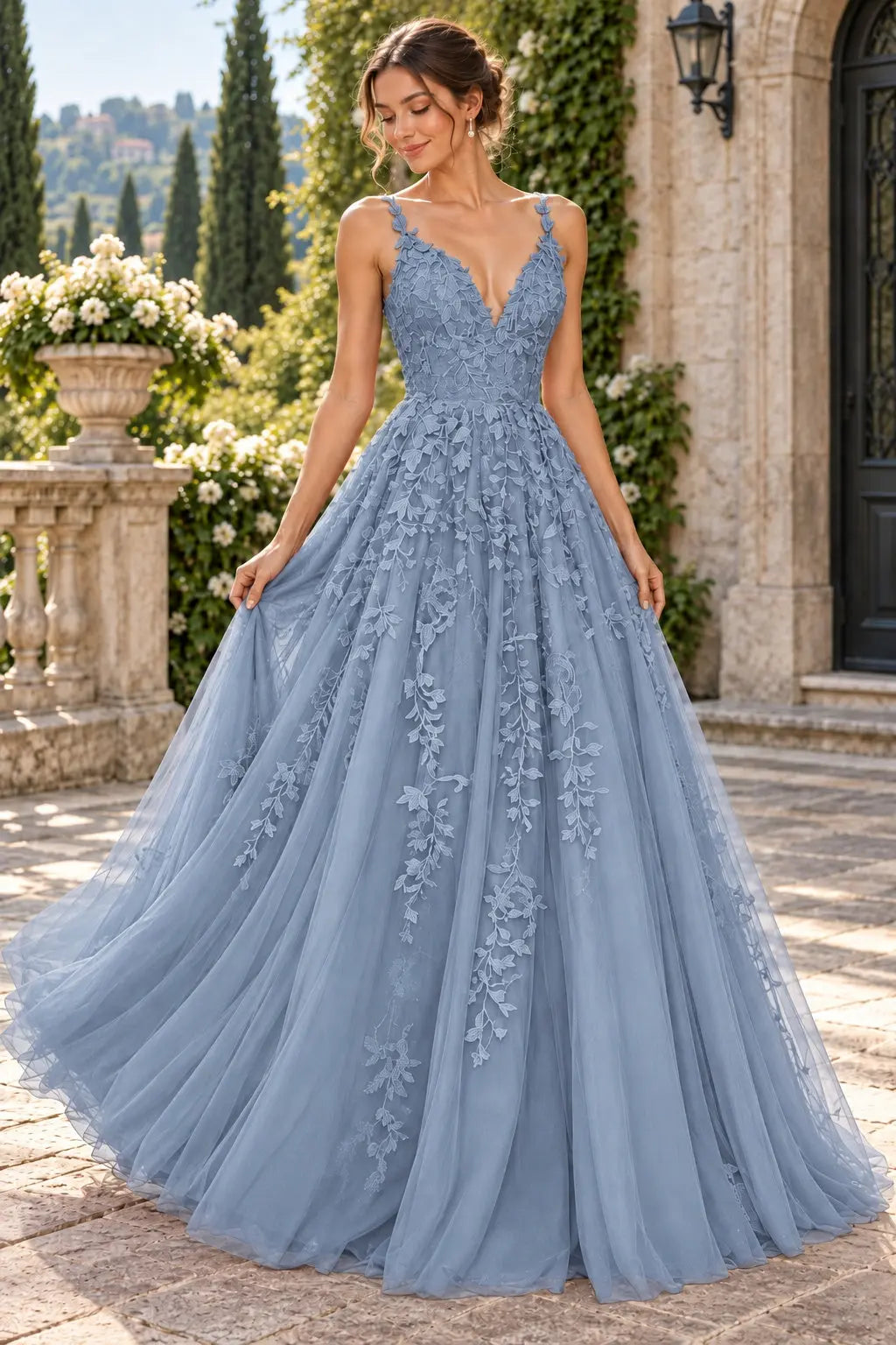 A-Line Lace Prom Dresses Long V Neck Sleeveless Formal Maxi Dress