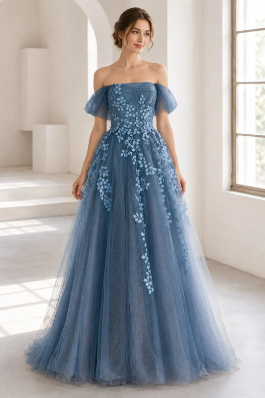 Dusty Blue Off-Shoulder Tulle Lace A-Line Prom Dress with Lace-Up Back
