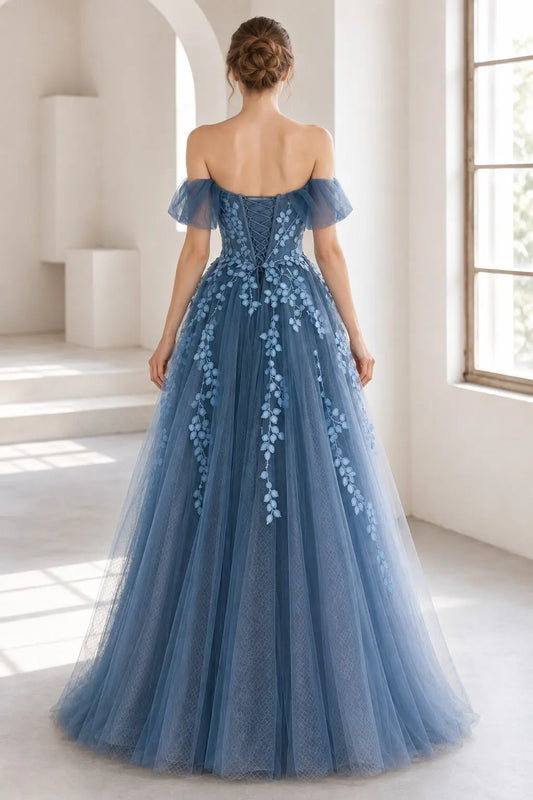 Dusty Blue Off-Shoulder Tulle Lace A-Line Prom Dress with Lace-Up Back