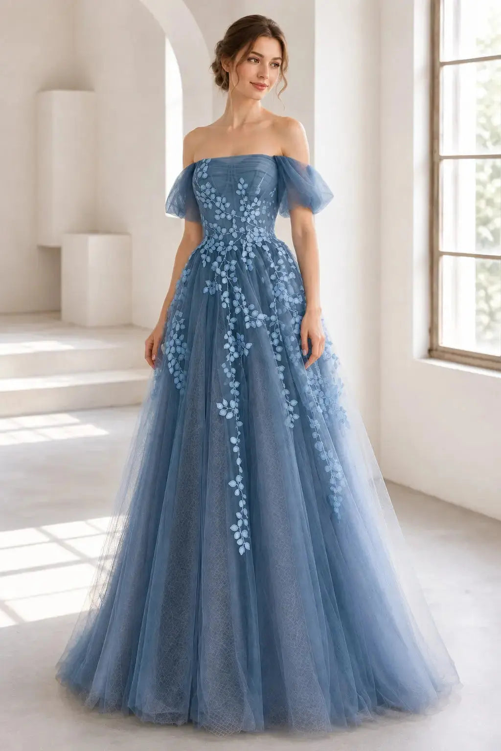 Dusty Blue Off-Shoulder Tulle Lace A-Line Prom Dress with Lace-Up Back