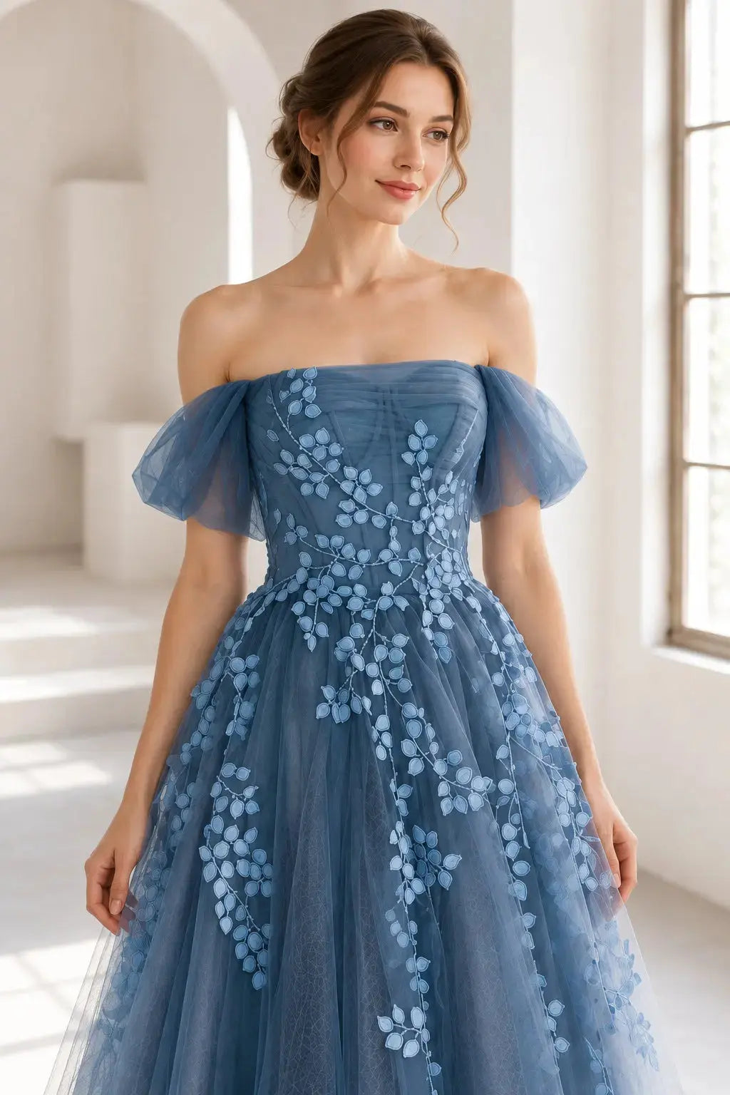 Dusty Blue Off-Shoulder Tulle Lace A-Line Prom Dress with Lace-Up Back