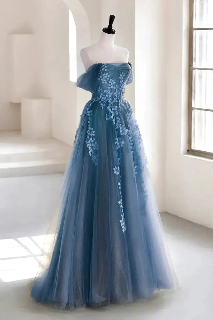Dusty Blue Off-Shoulder Tulle Lace A-Line Prom Dress with Lace-Up Back
