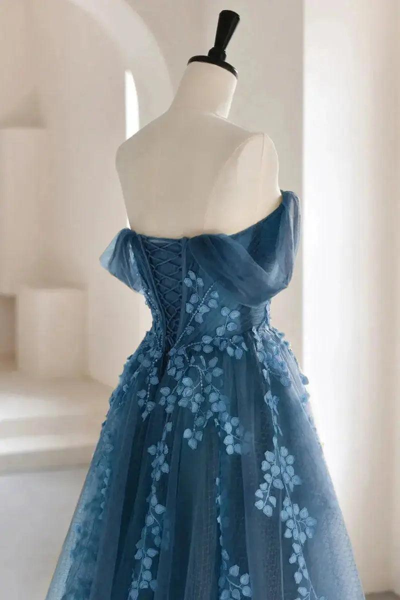 Dusty Blue Off-Shoulder Tulle Lace A-Line Prom Dress with Lace-Up Back