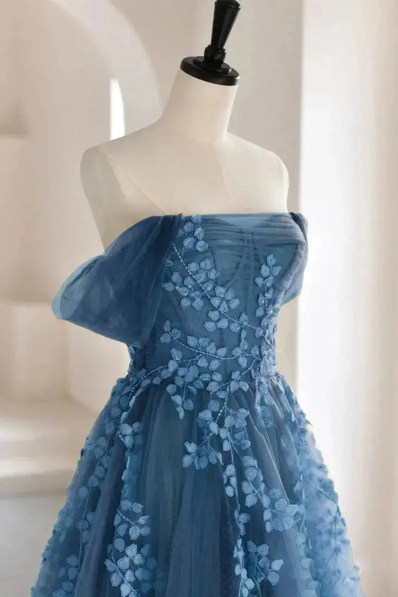 Dusty Blue Off-Shoulder Tulle Lace A-Line Prom Dress with Lace-Up Back