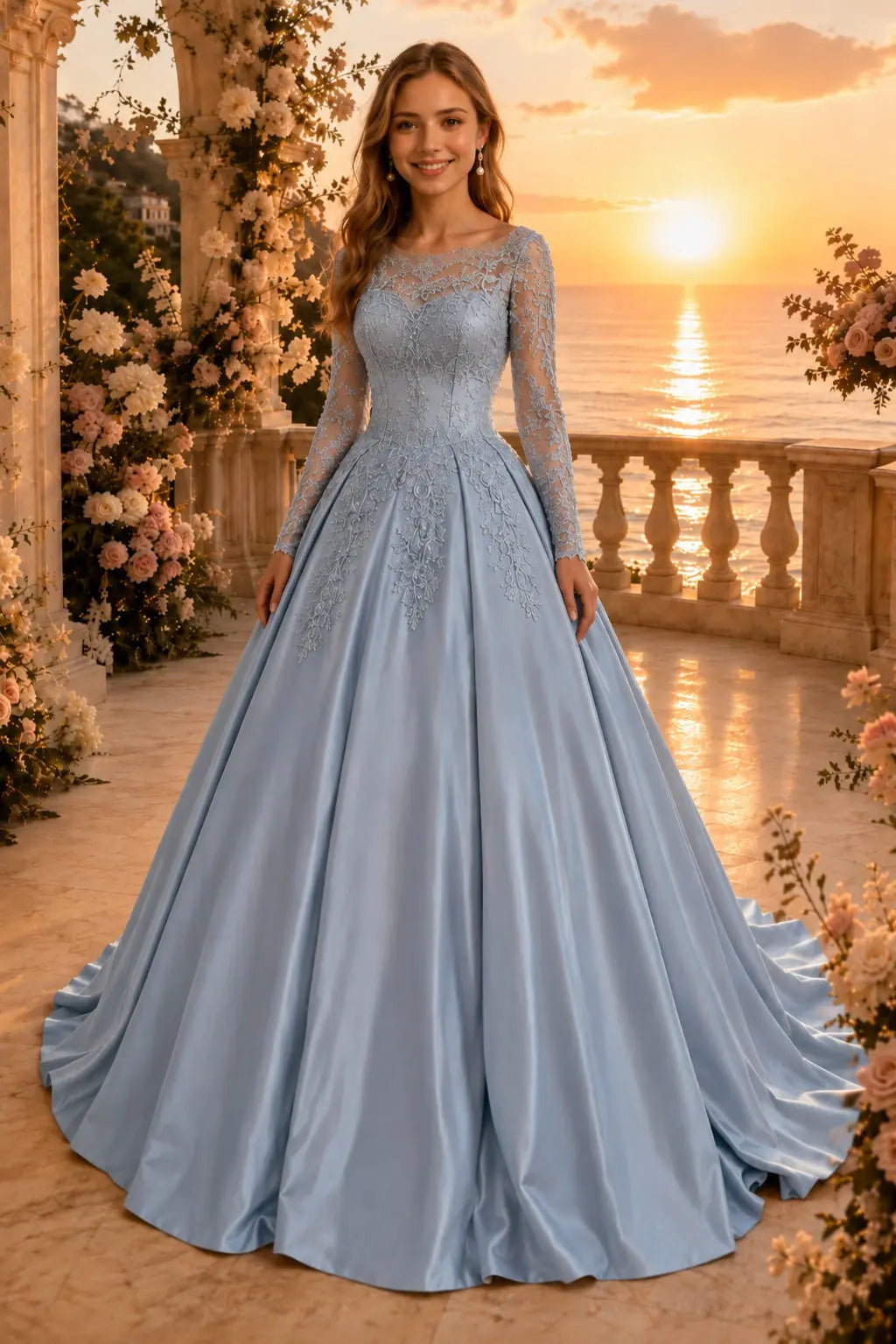 Ball Gown Long Sleeves Off-the-Shoulder Chapel Train Applique Satin Prom Dresses Kaidress