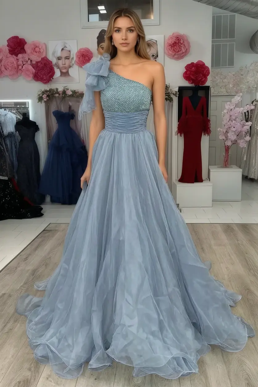 A Line Sparkly Sky Blue One Shoulder Long Prom Dress with Beading KAIDRESS