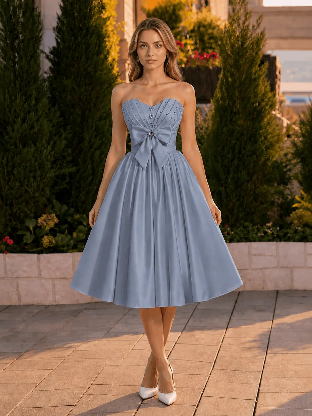 A-line Sweetheart Sleeveless Knee-Length Satin Homecoming Dress with Bow KAIDRESS