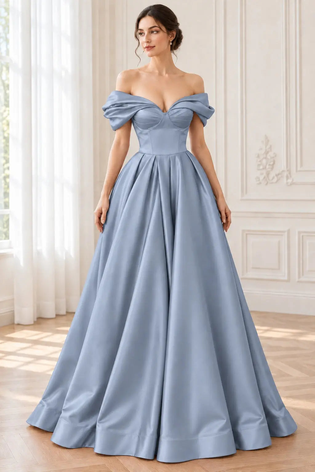 A-line Off-the-Shoulder Short Sleeve Satin Long/Floor-Length Prom Dresses With Ruffles Split