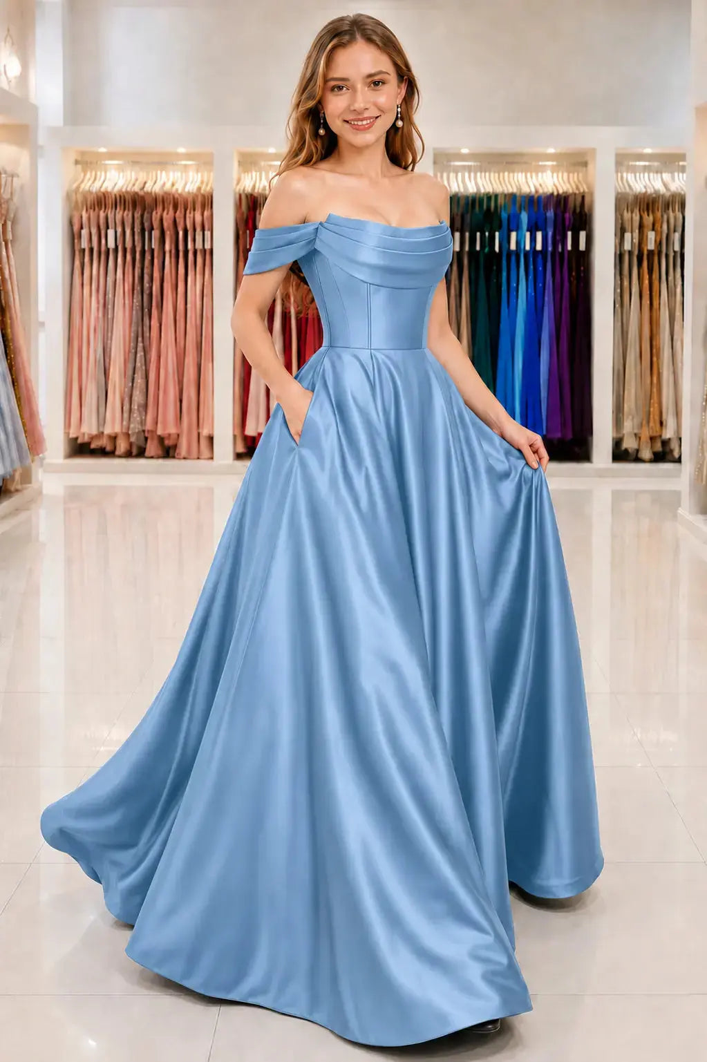 A-Line Satin Long Prom Dress, Simple Off the Shoulder Evening Party Dress With Pockets KAIDRESS