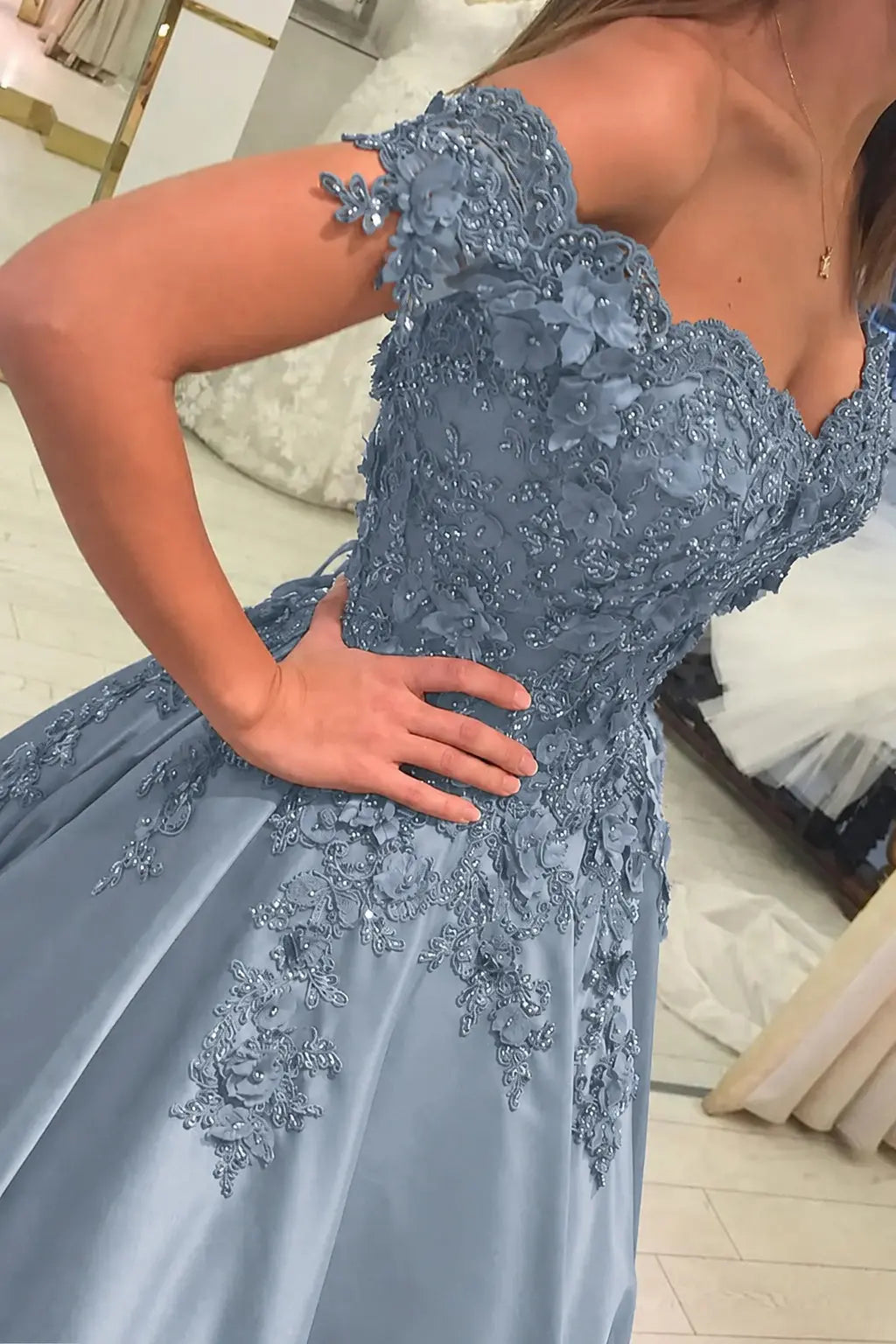 Appliqued Off-The-Shoulder Satin Princess Prom Dress With Beads