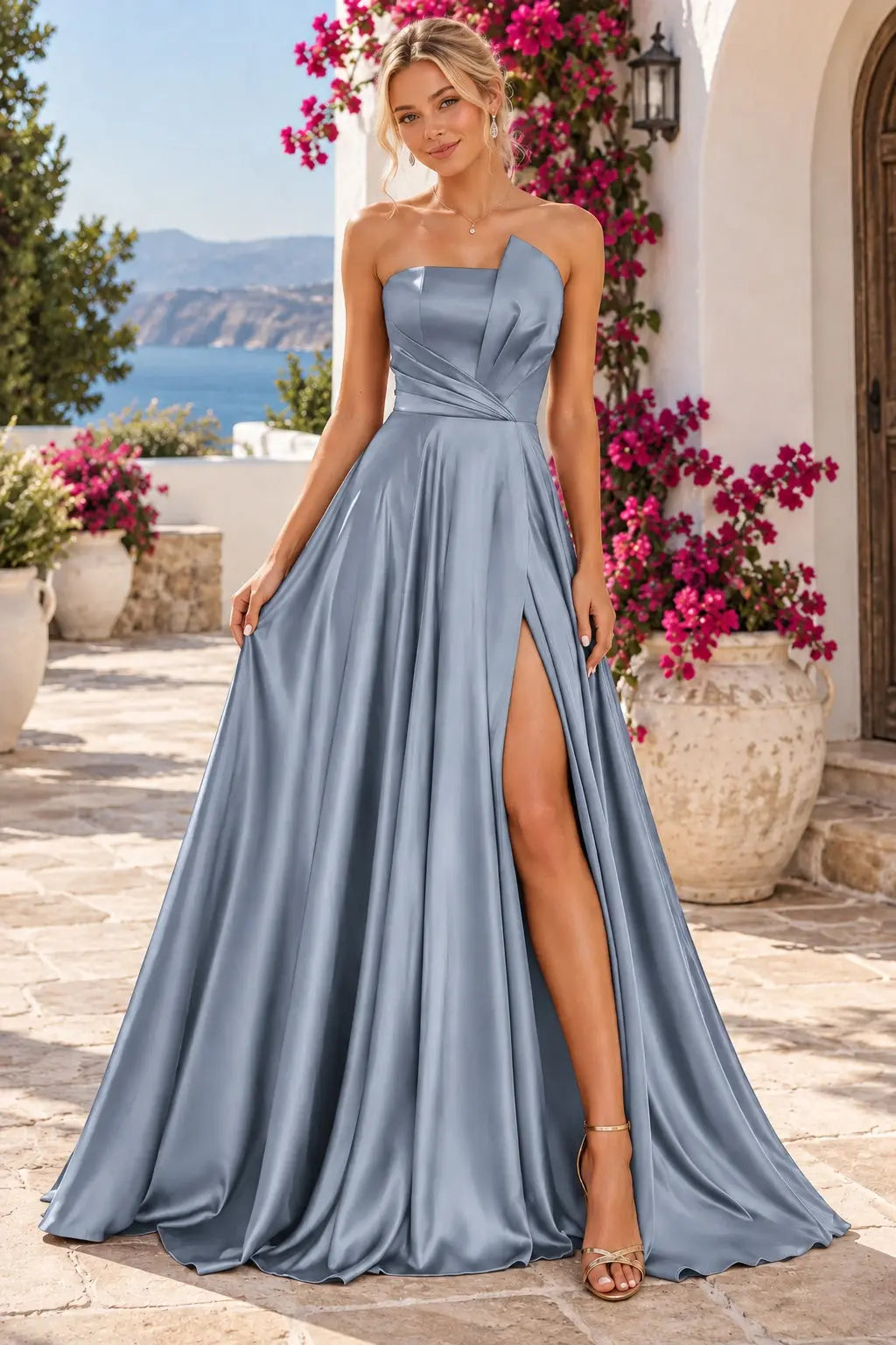 A-line Satin Formal Long Simple Sleeveless Prom Dresses with Slit