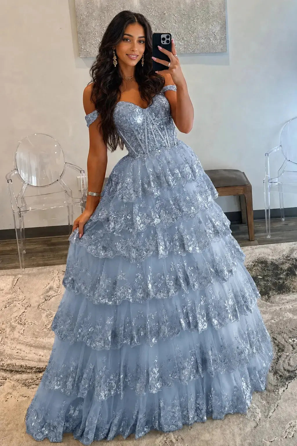 A-Line/Princess Princess Off the Shoulder Sequined Lace Prom Dress KAIDRESS