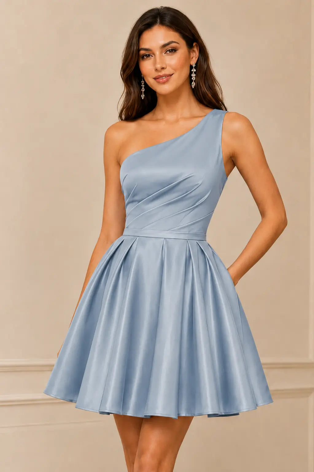 Green One Shoulder Satin Mini A Line Homecoming Dress With Pockets KAIDRESS
