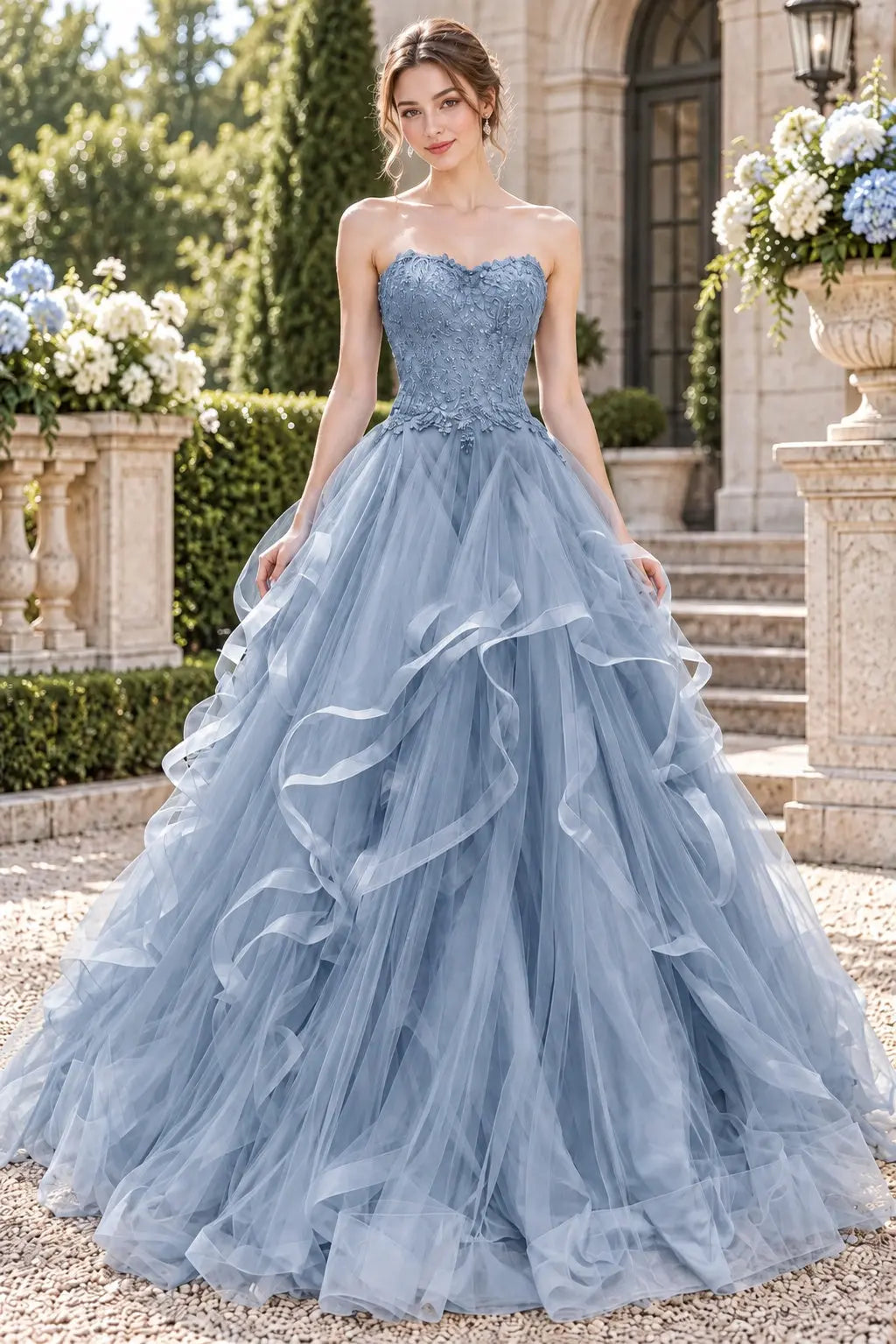 Blue Tulle Lace Long Prom Dresses Princess Layered Formal Evening Gowns