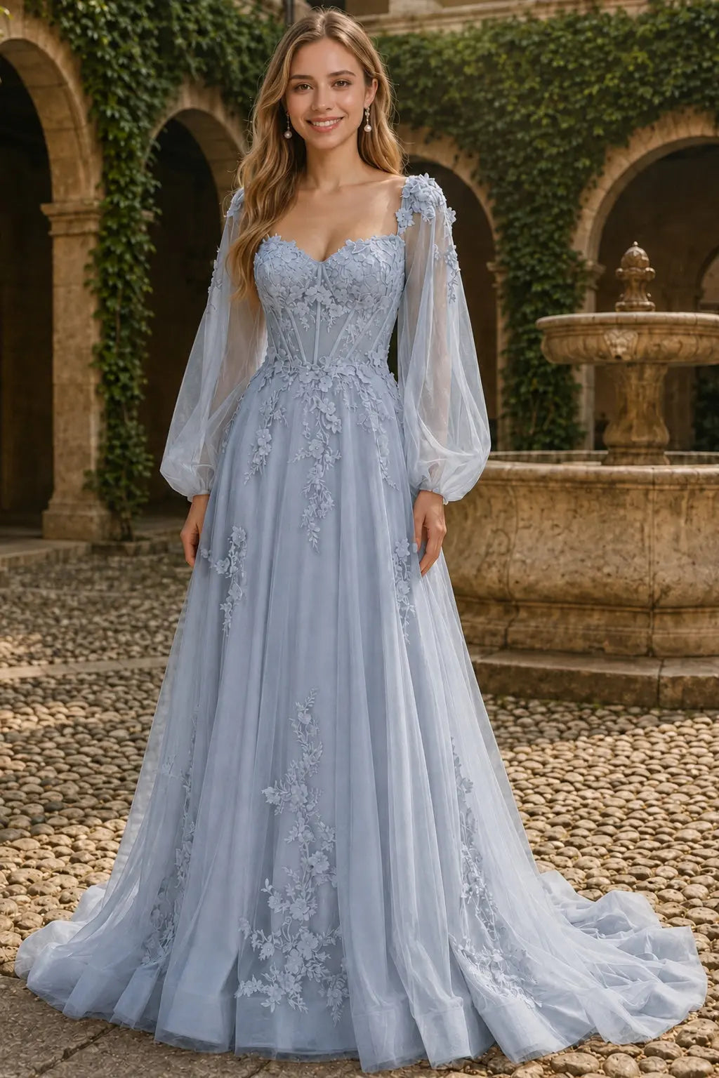 A-line 3D Floral Lace Applique Tulle Long Sleeves Prom Dress