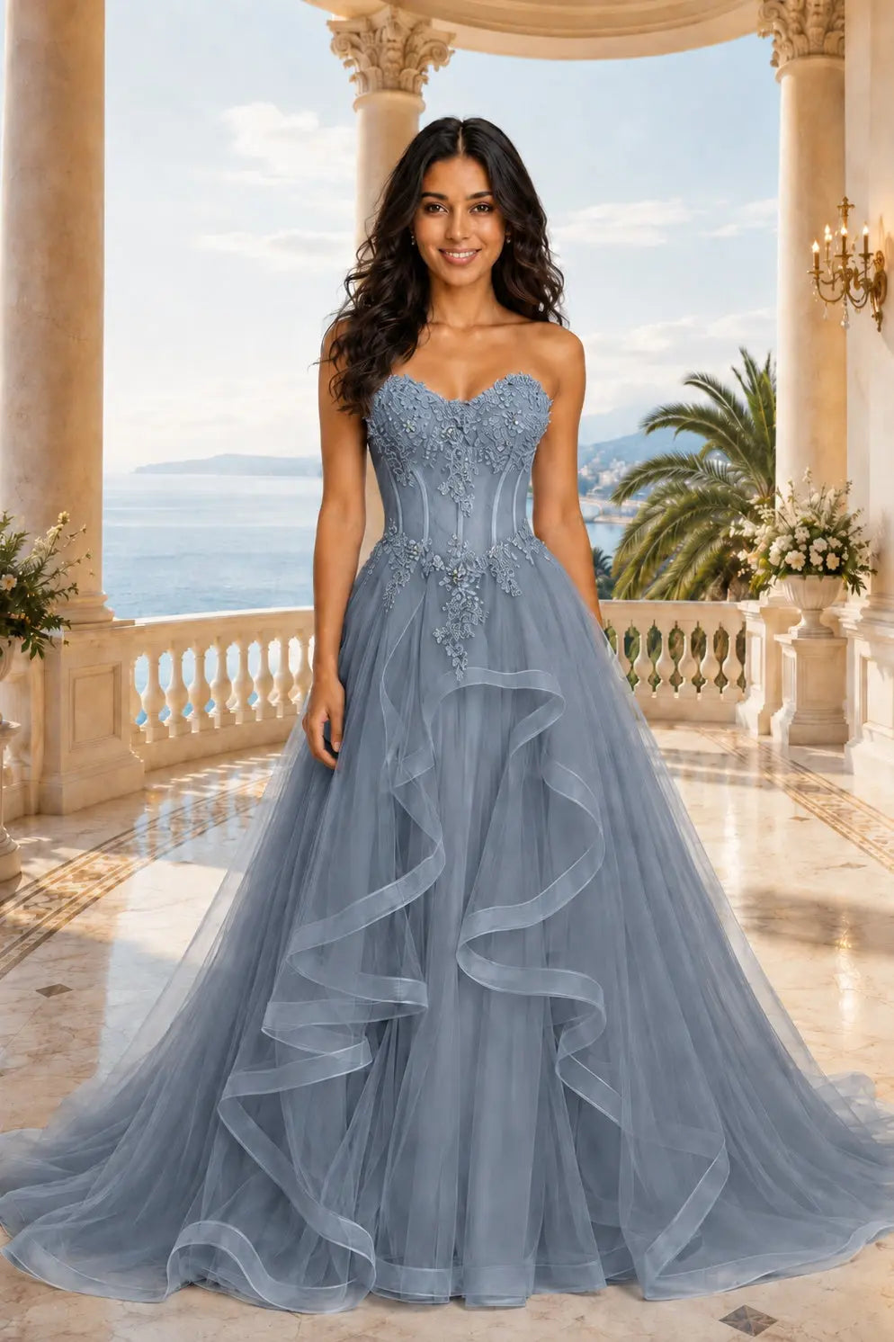 A-line/Princess Sweetheart Sleeveless Sweep Train Tulle Prom Dresses With Beading Appliqued KAIDRESS