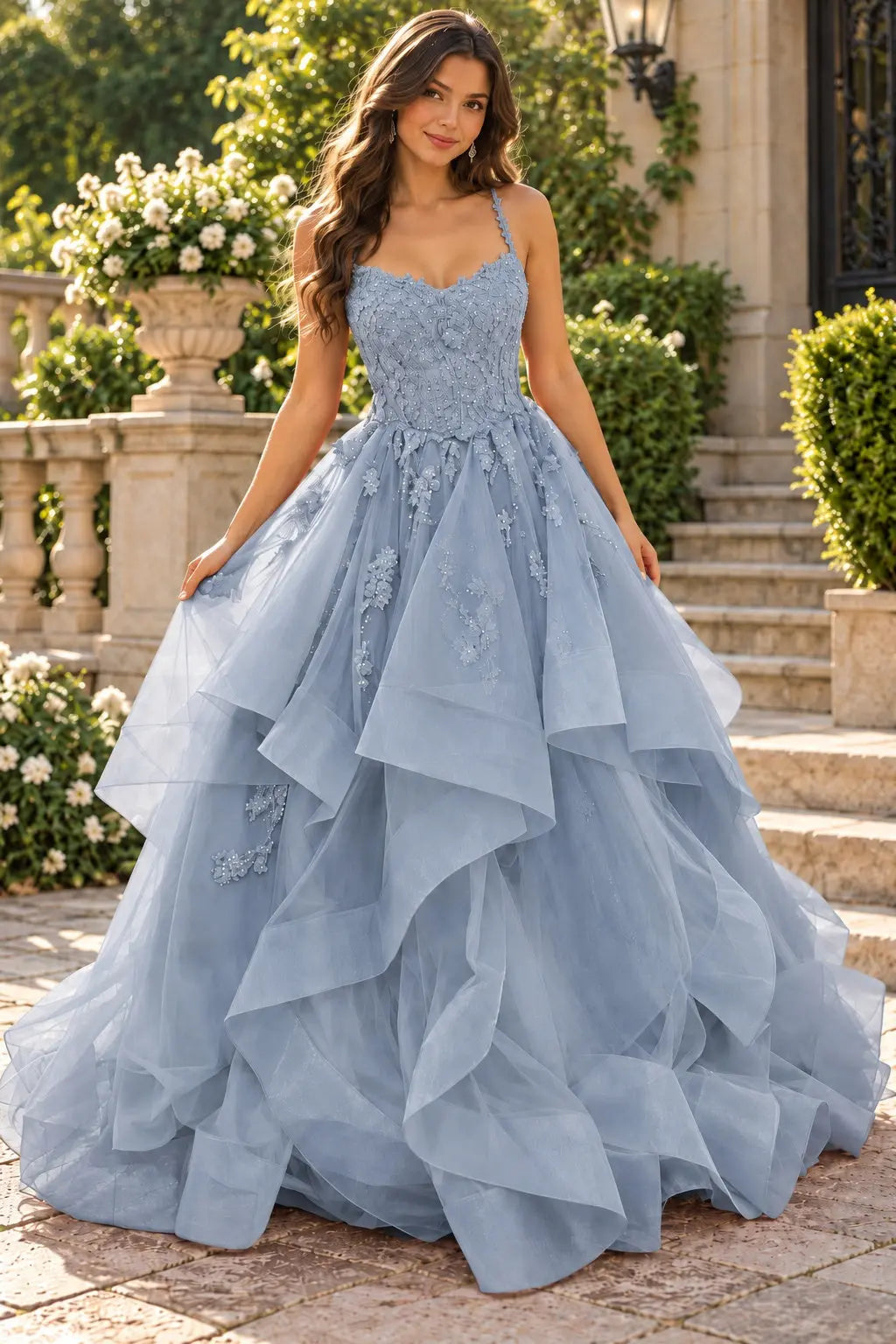 A-line Princess V Neck Floor-Length Tulle Prom Dresses with Appliqued