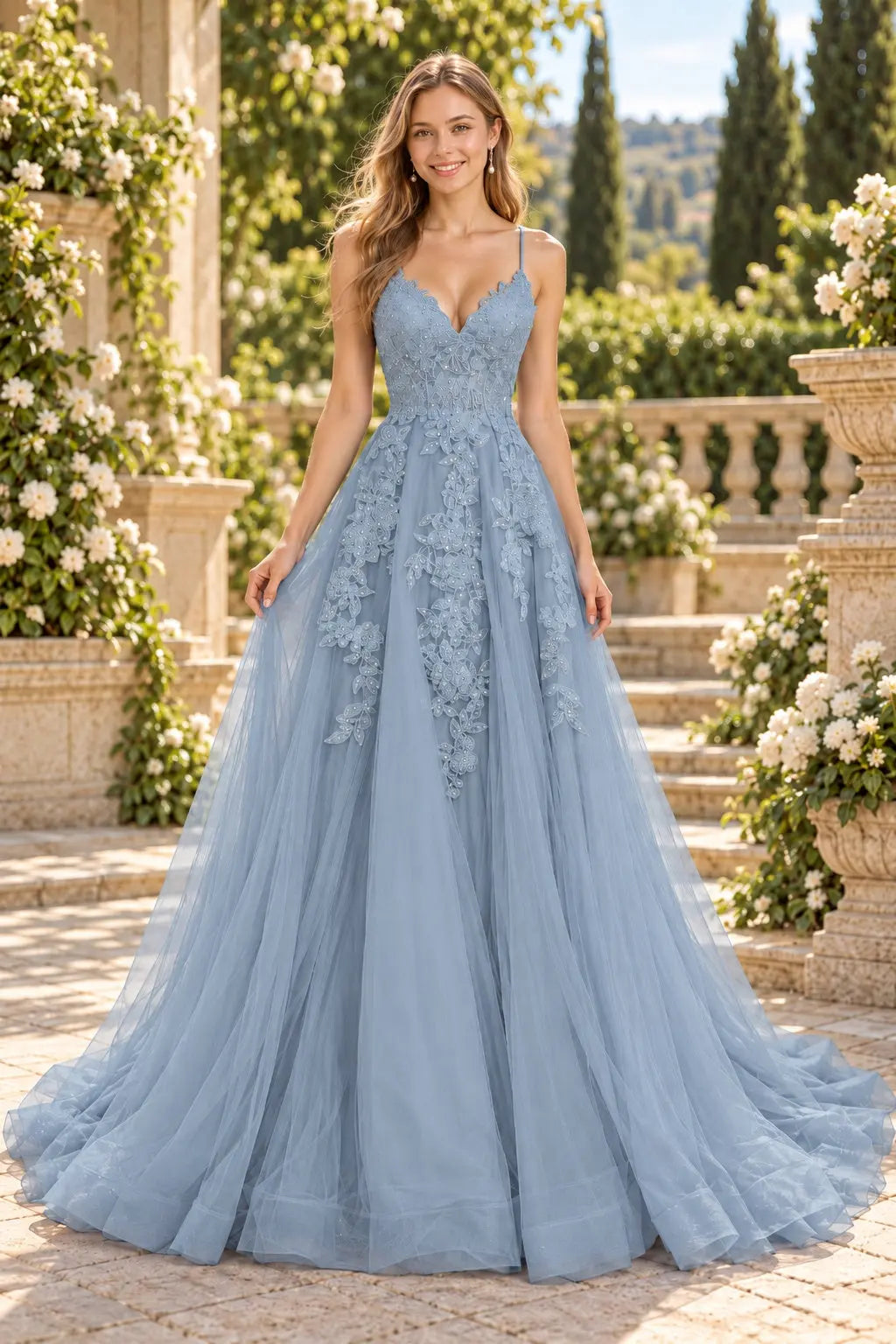 A-line V Neck Spaghetti Straps Sweep Train Tulle Prom Dress With Appliqued