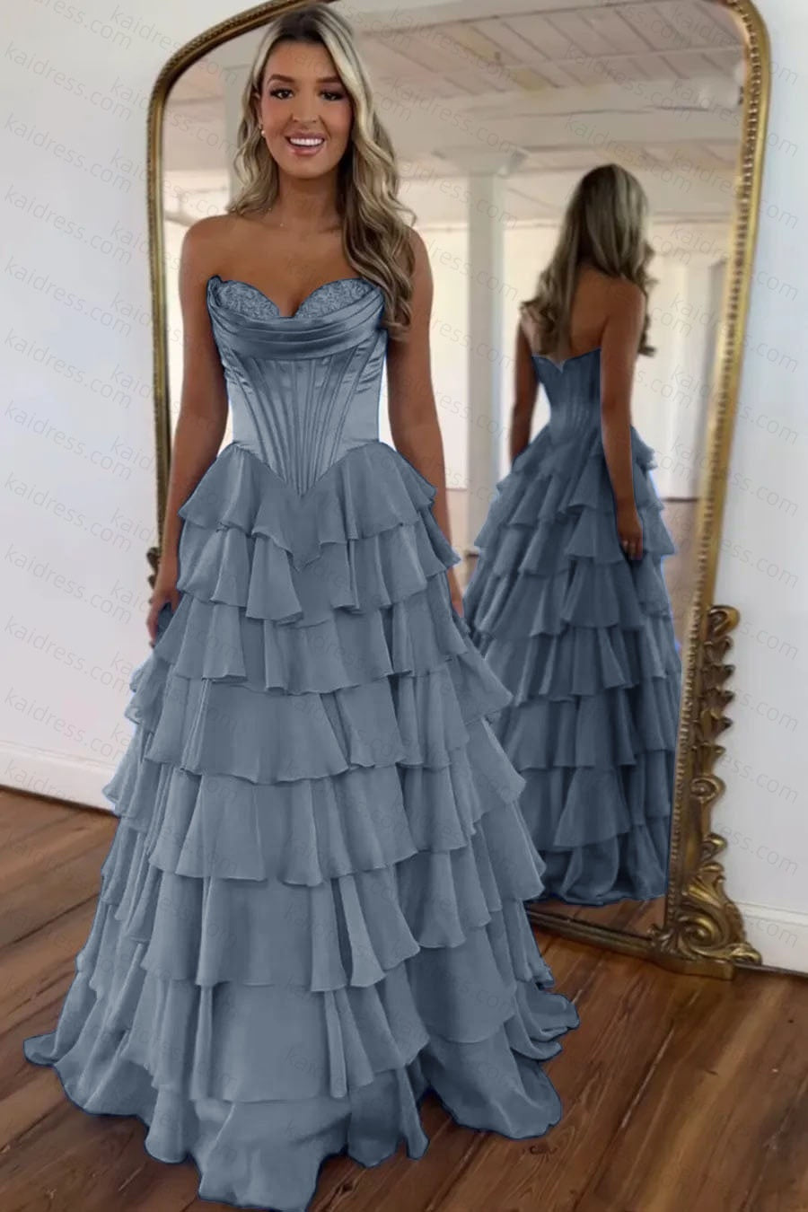 A Line Blue Sweetheart Chiffon Ruffled Long Corset Prom Dress with Slit
