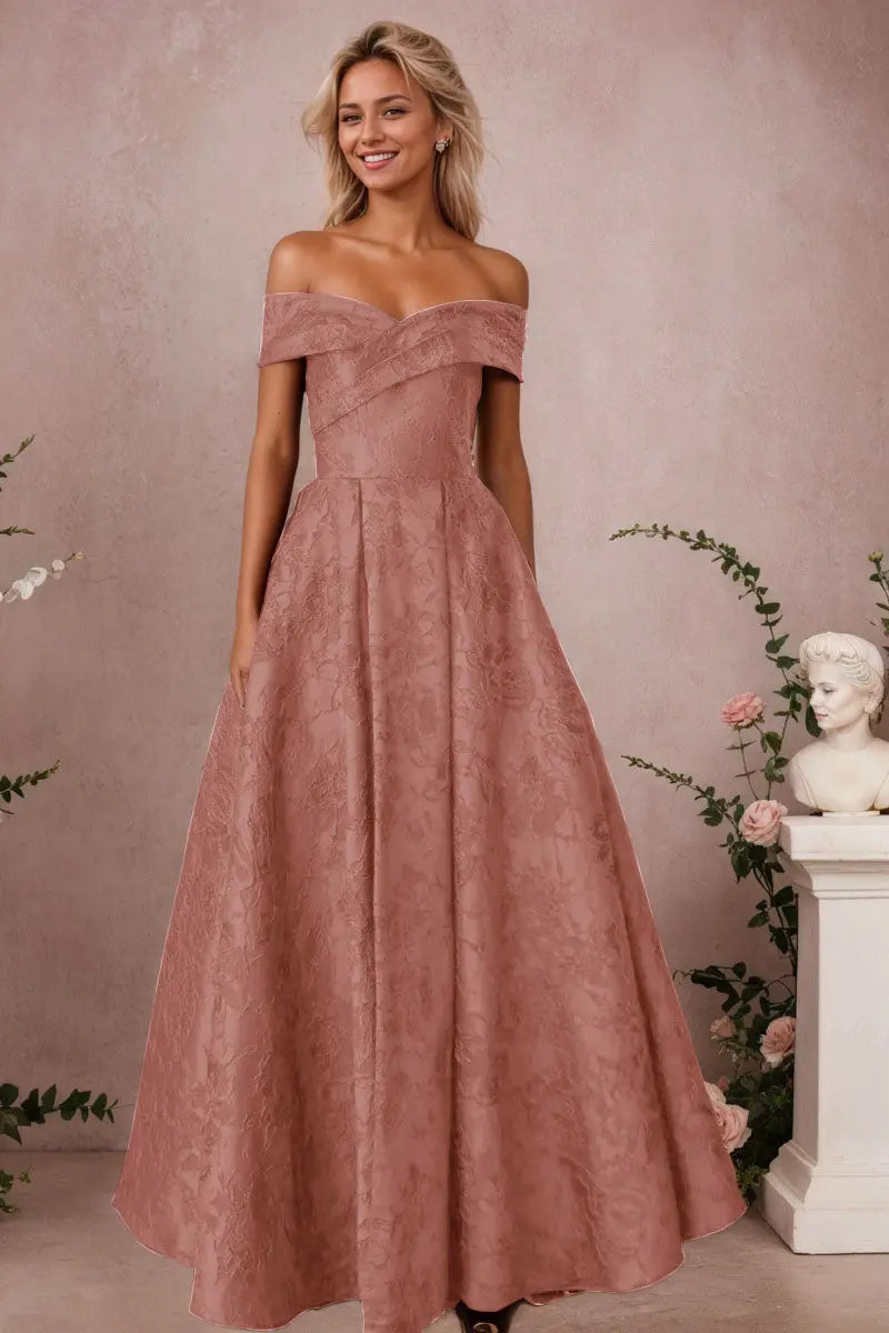 A-Line Off Shoulder Satin Burgundy Long Prom Dress Floral Jacquard Formal Ball Gowns - KAIDRESS