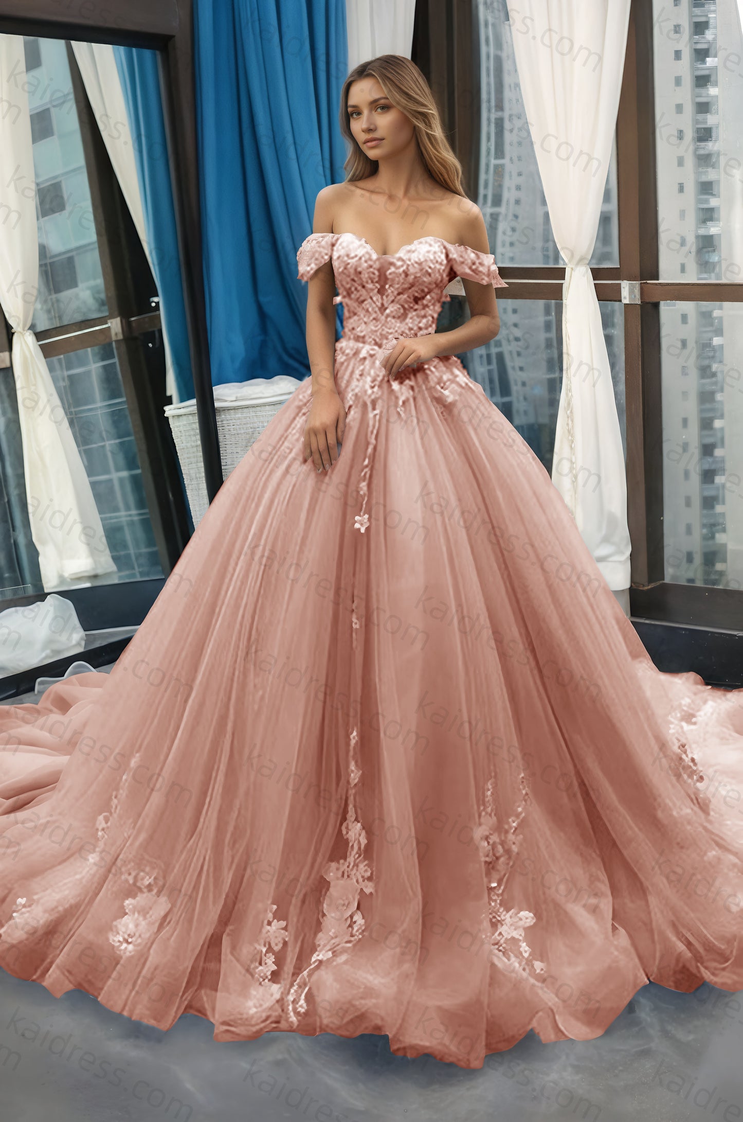 A-Line Off the Shoulder Tulle Applique Long Quinceañera Dresses Blue Formal Prom Dress