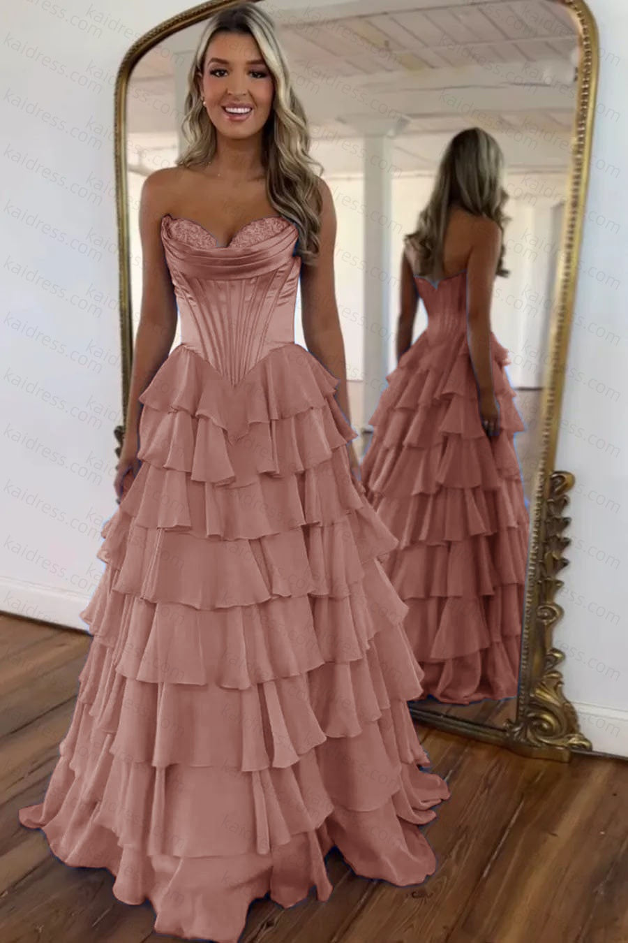 A Line Blue Sweetheart Chiffon Ruffled Long Corset Prom Dress with Slit