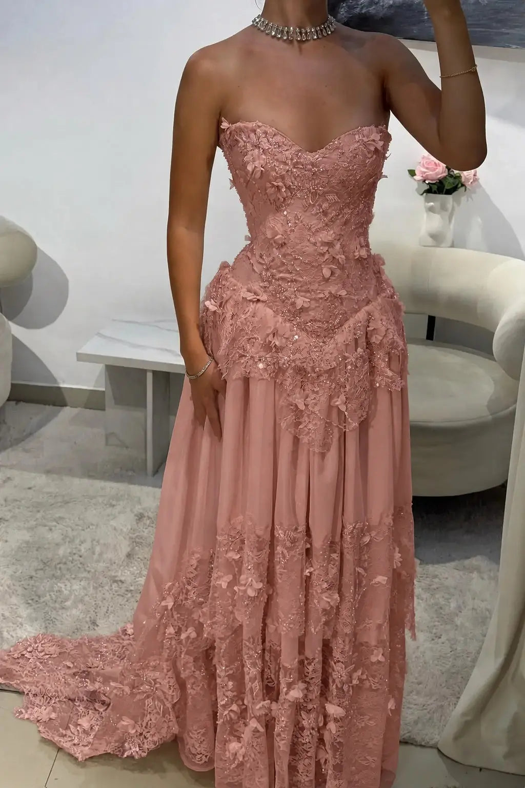 Dreamy Yellow 3D Floral Applique Sweetheart Corset Prom Dress