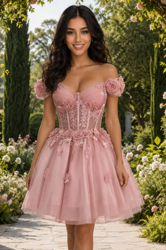 Dusty Rose 3D Floral Off-Shoulder Tulle Corset Mini Homecoming Dress