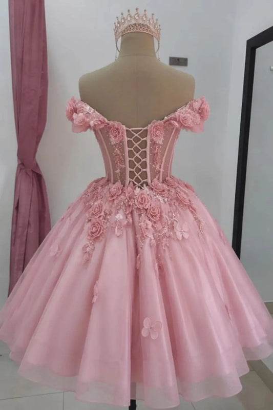 A-line Off-the-Shoulder Tulle Short/Mini Homecoming Dress with Appliqued Flowers Sequins KAIDRESS