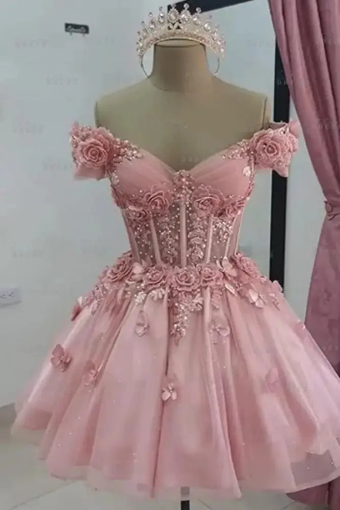A-line Off-the-Shoulder Tulle Short/Mini Homecoming Dress with Appliqued Flowers Sequins KAIDRESS