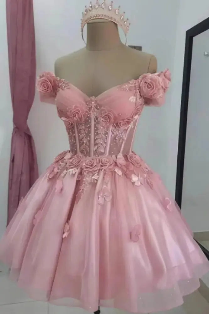 A-line Off-the-Shoulder Tulle Short/Mini Homecoming Dress with Appliqued Flowers Sequins KAIDRESS