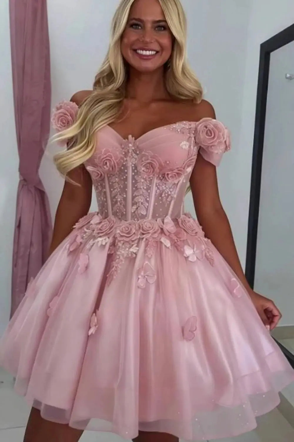 A-line Off-the-Shoulder Tulle Short/Mini Homecoming Dress with Appliqued Flowers Sequins KAIDRESS
