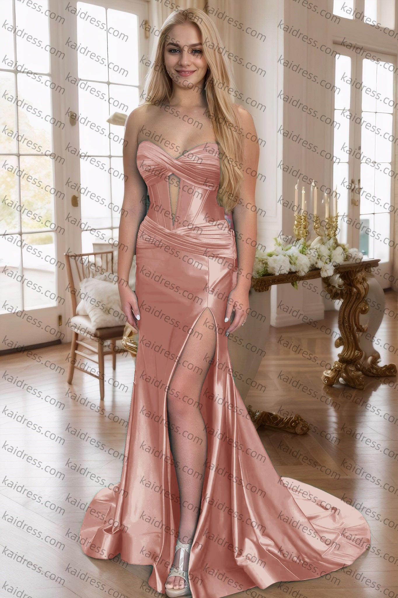 Green Silk Strapless Mermaid Prom Dresses Long Formal Evening Gown with Slit
