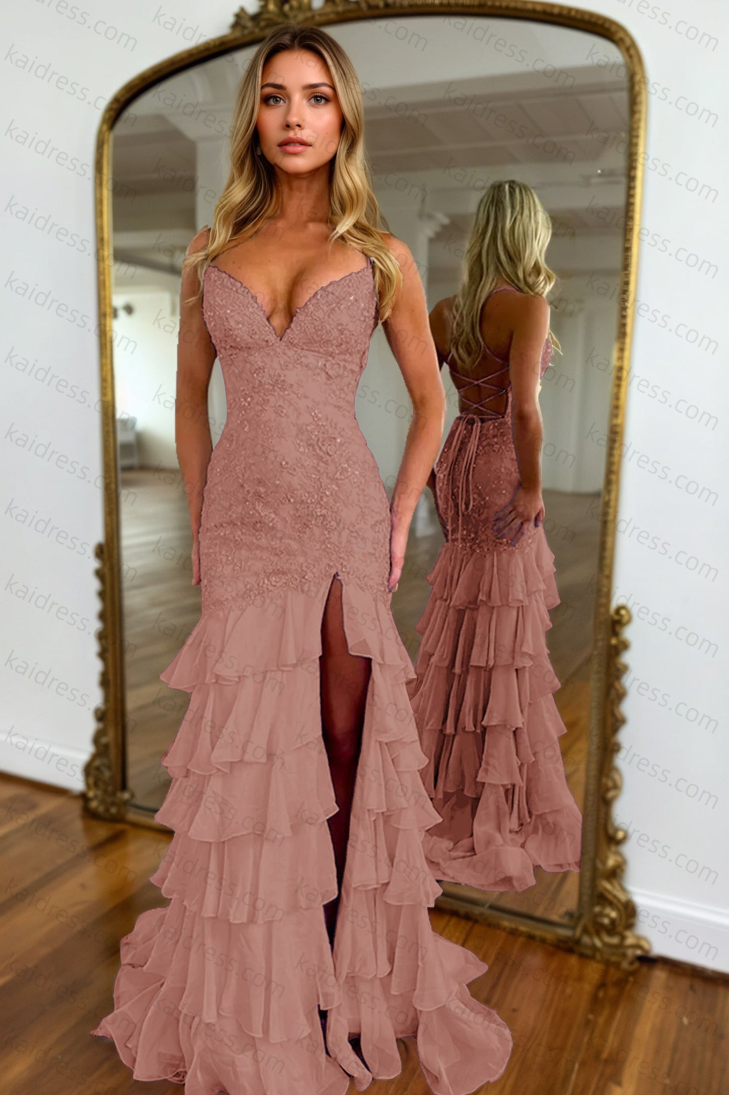 Mermaid Sparkly Lilac Lace Appliques Sheath Tiered Long Chiffon Prom Dress with Slit