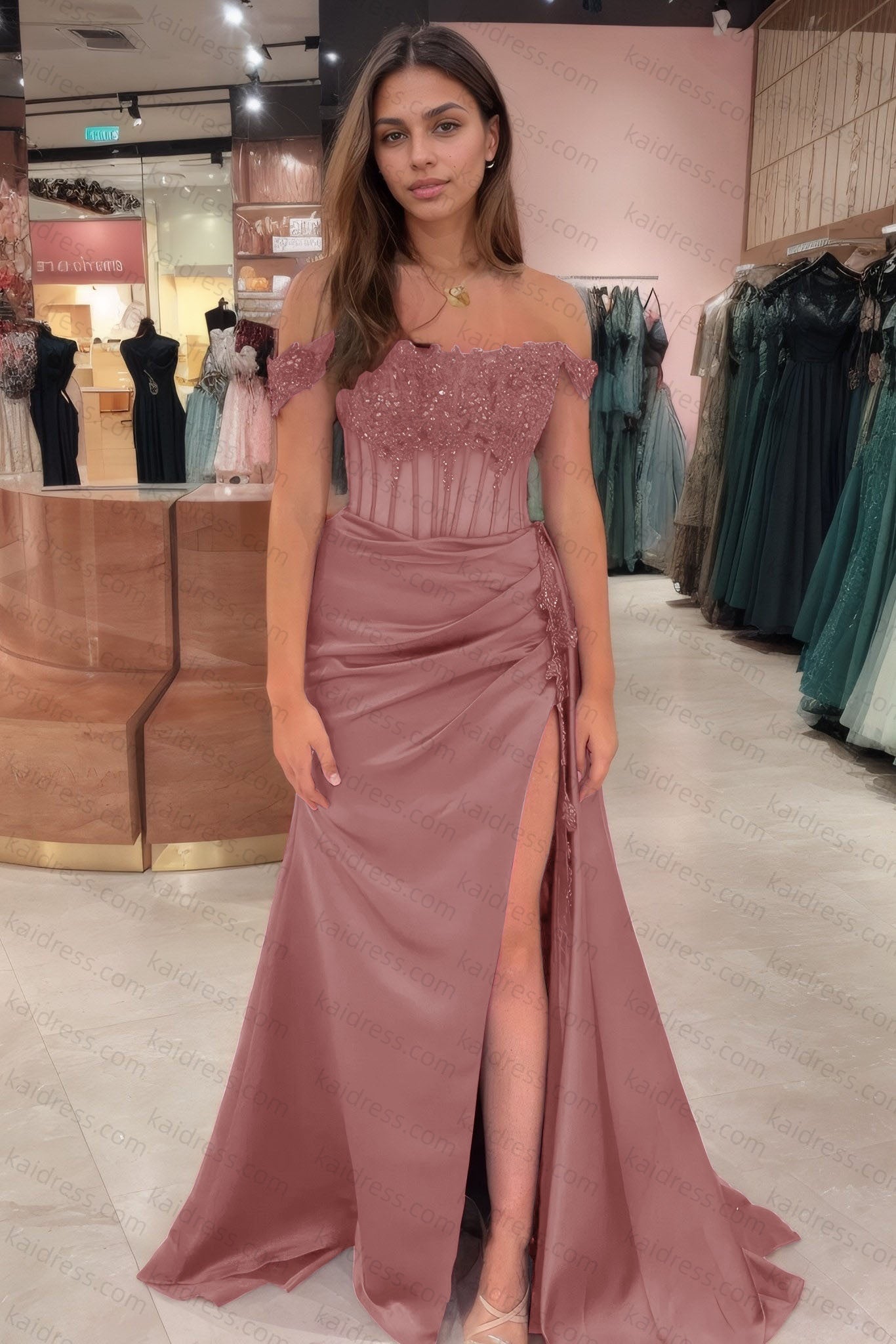 Sheath/Column Off the Shoulder Satin Beaded Prom Dress Burgundy With Appliques Prom Gown