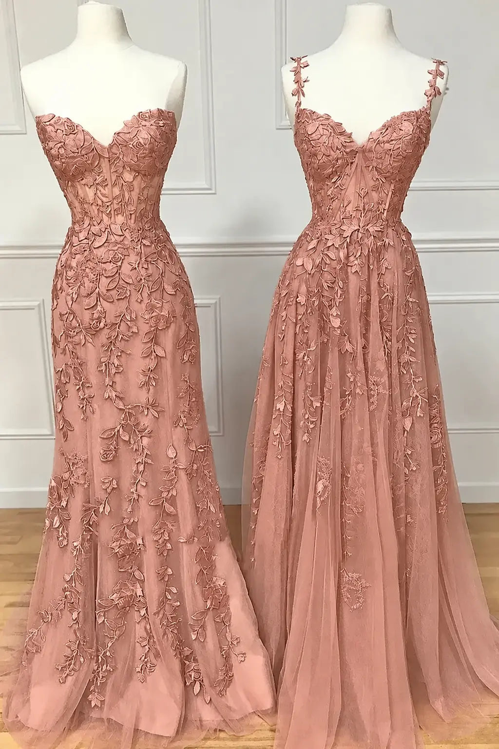 A-line Sweetheart Spaghetti Straps Sweep Train Lace Prom Dress With Beading Kaidress