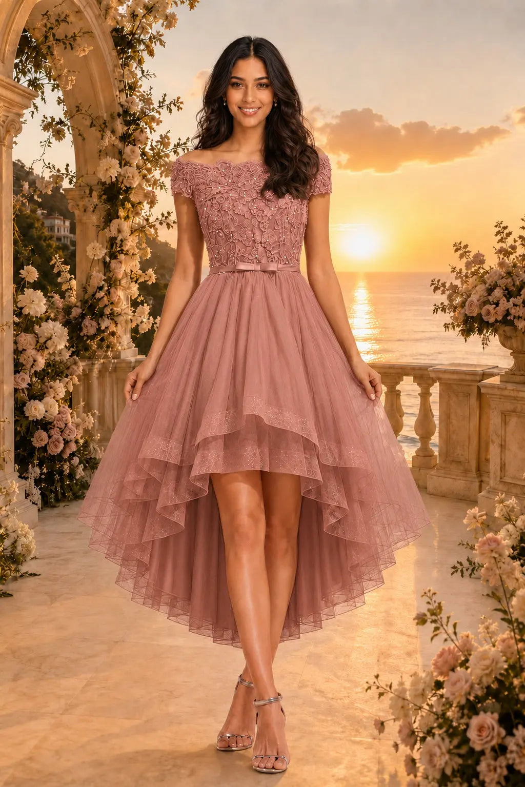 Burgundy Off the Shoulder A Line Strapless Lace Tulle Asymmetrical Dress KAIDRESS