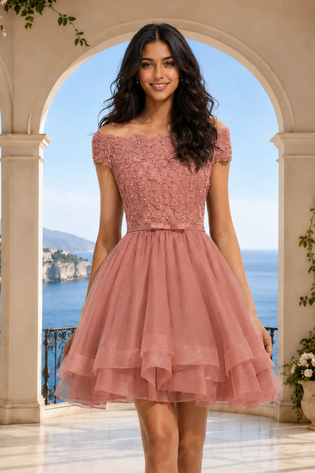 Burgundy Lace Off Shoulder A Line Short Homecoming Dress KAIDRESS