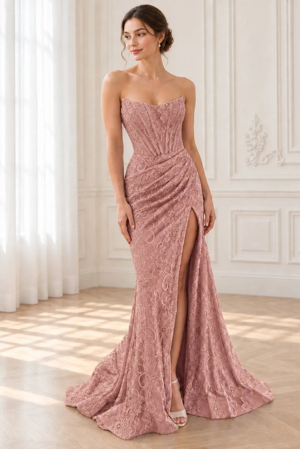 Sheath/Column Off the Shoulder Sleeveless Prom Dresses Long Lace Formal Evening Gowns