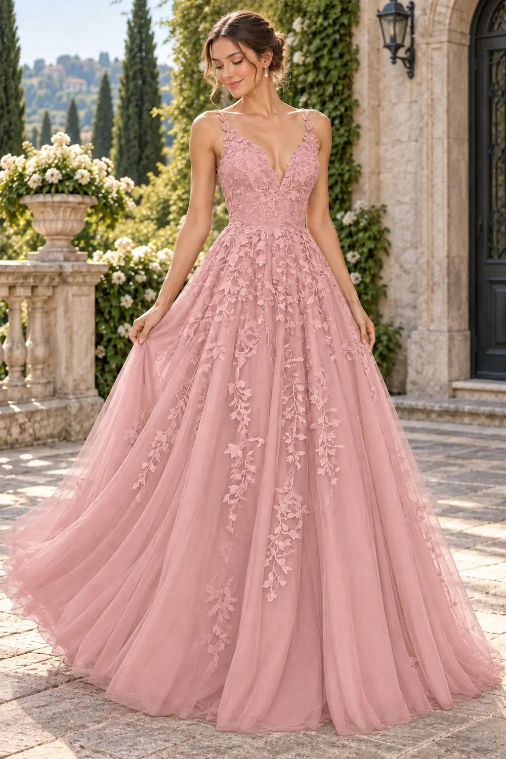 A-Line Lace Prom Dresses Long V Neck Sleeveless Formal Maxi Dress