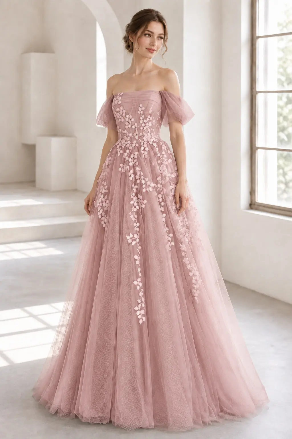 A-Line Tulle Lace Long Prom Dress Off the Shoulder Formal Evening Dress