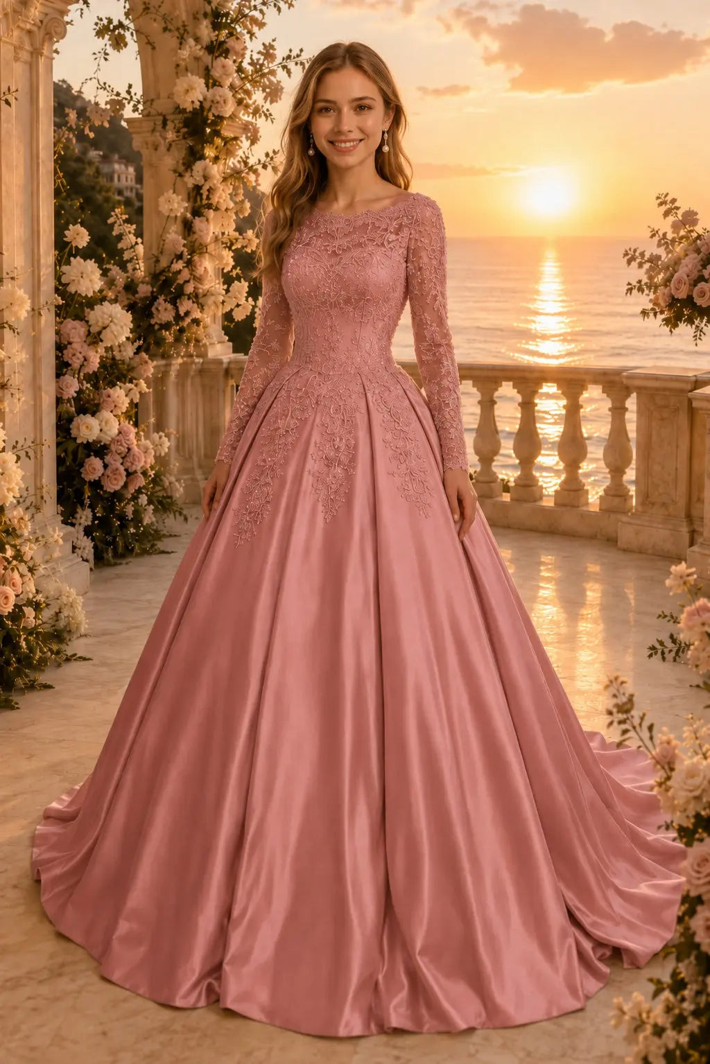 Ball Gown Long Sleeves Off-the-Shoulder Chapel Train Applique Satin Prom Dresses Kaidress