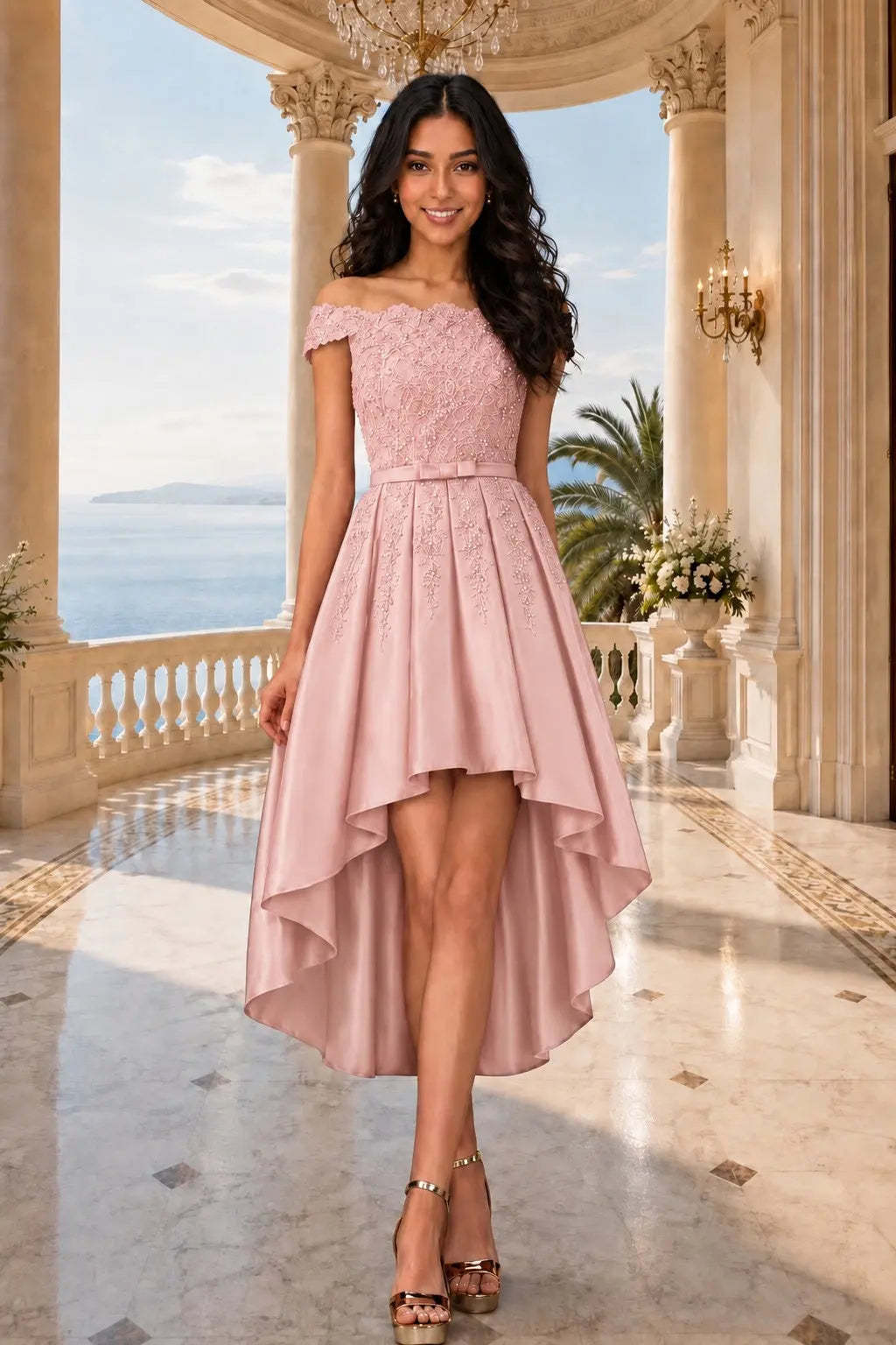 A-line Burgundy Satin Off the Shoulder A Line Strapless Lace Tulle Asymmetrical Dress With Pockets KAIDRESS