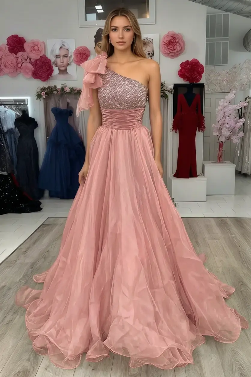A Line Sparkly Sky Blue One Shoulder Long Prom Dress with Beading KAIDRESS