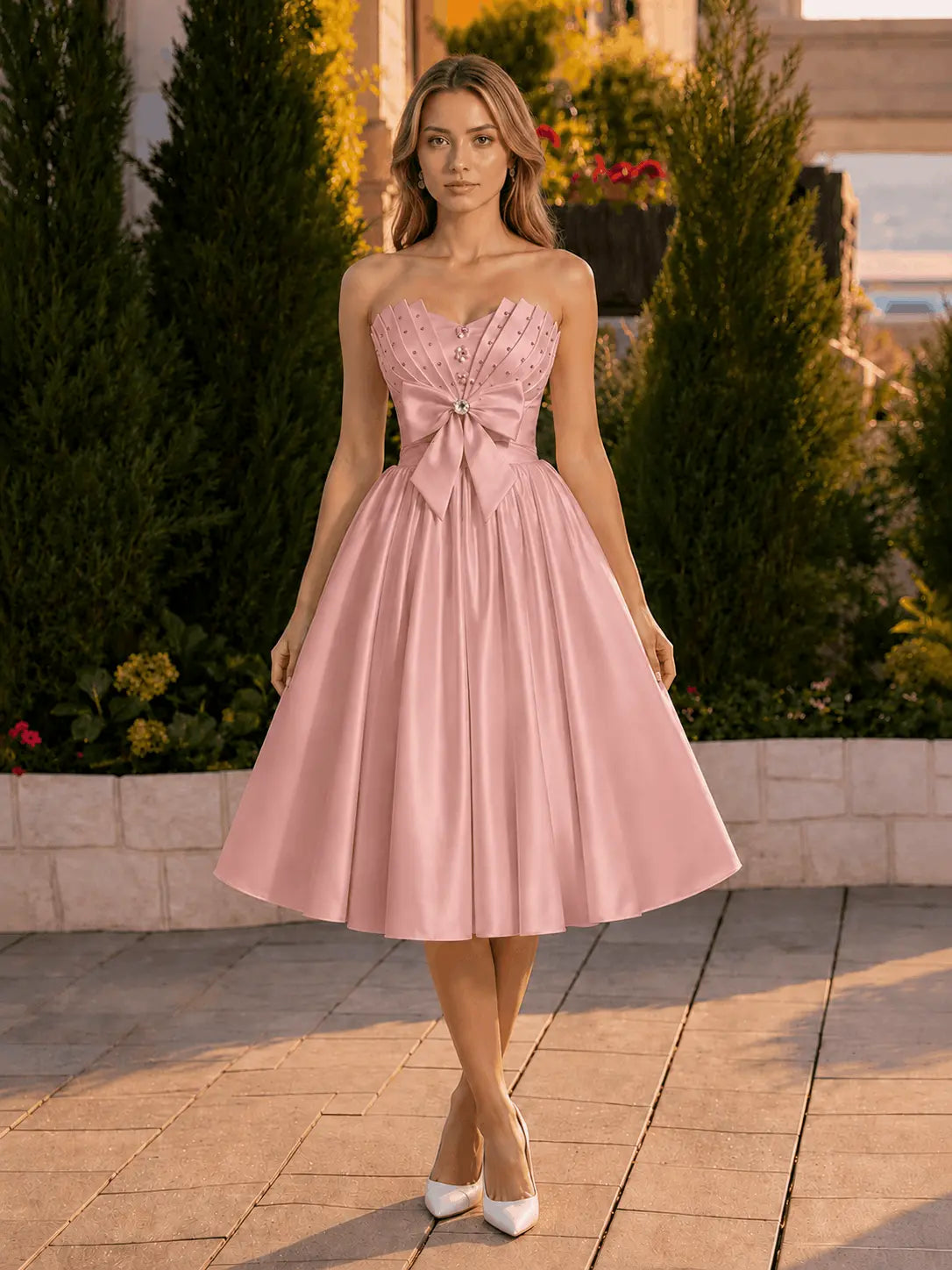 A-line Sweetheart Sleeveless Knee-Length Satin Homecoming Dress with Bow KAIDRESS
