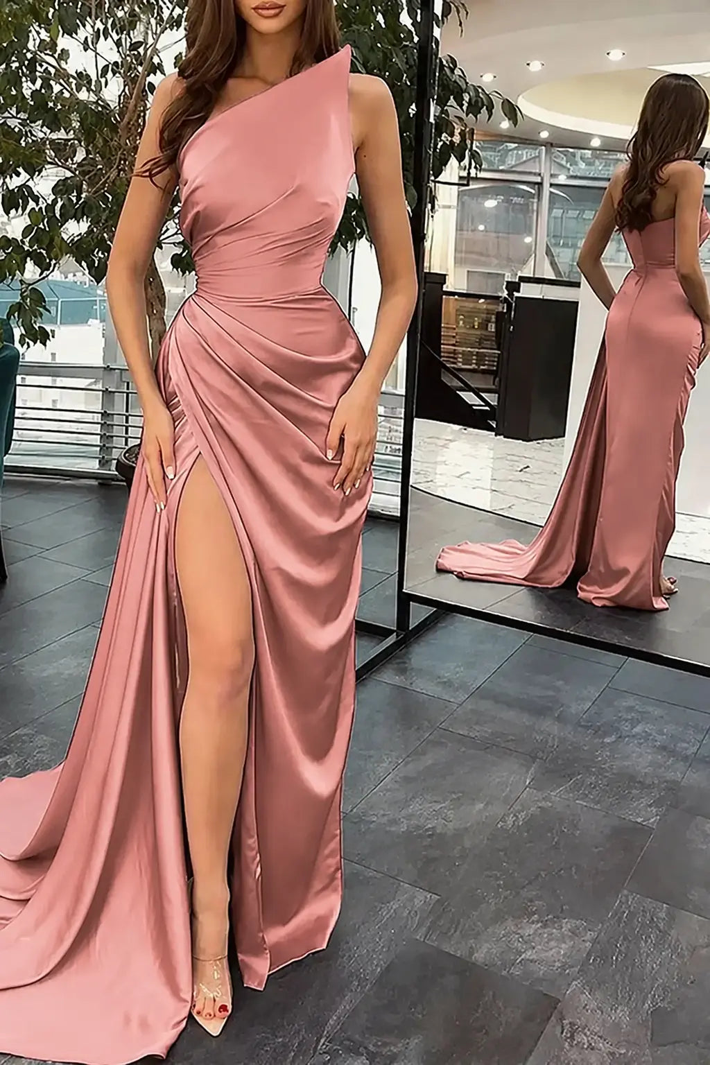 Trumpet/Mermaid Sleeveless Court Train Silk like Satin Prom Dresses with Ruffles Split KAIDRESS