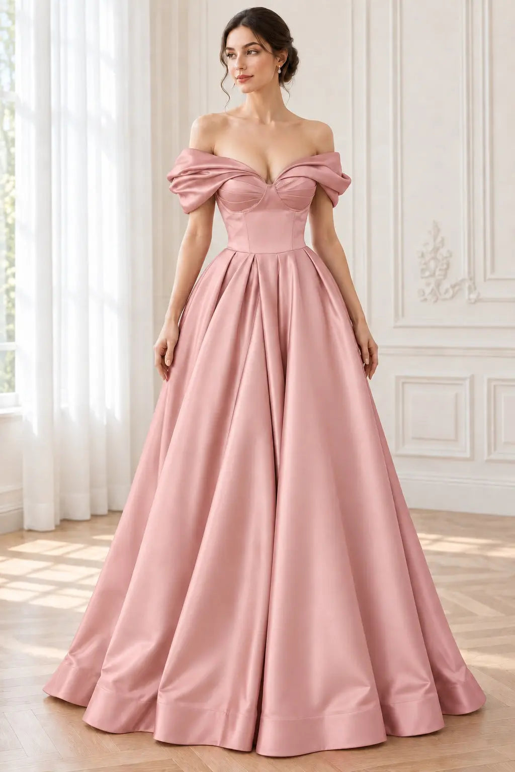 A-line Off-the-Shoulder Short Sleeve Satin Long/Floor-Length Prom Dresses With Ruffles Split