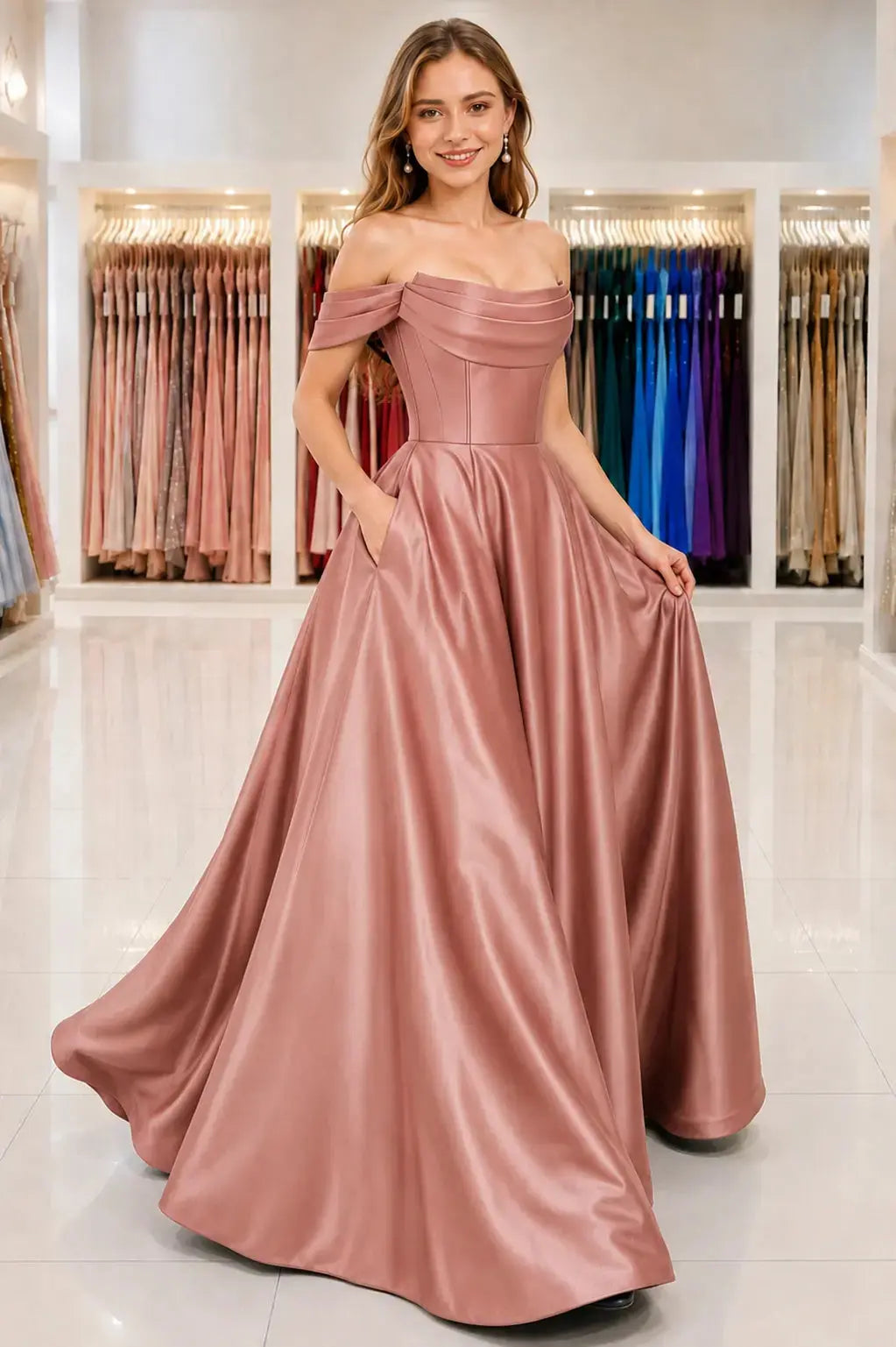A-Line Satin Long Prom Dress, Simple Off the Shoulder Evening Party Dress With Pockets KAIDRESS