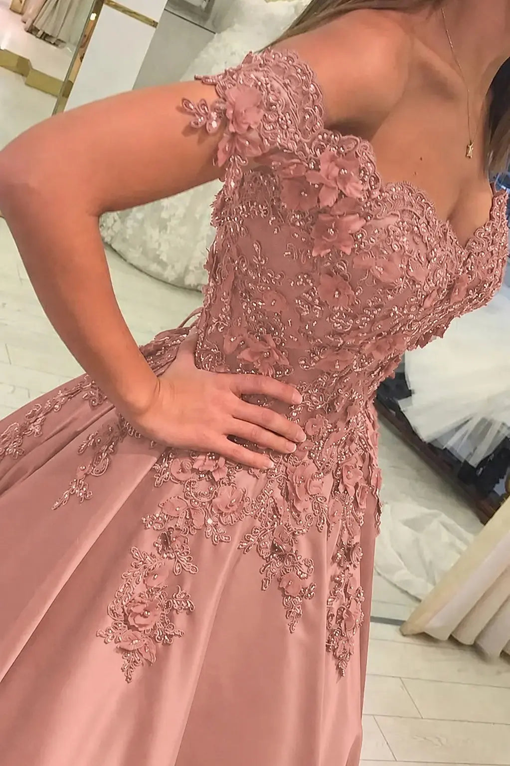 Appliqued Off-The-Shoulder Satin Princess Prom Dress With Beads