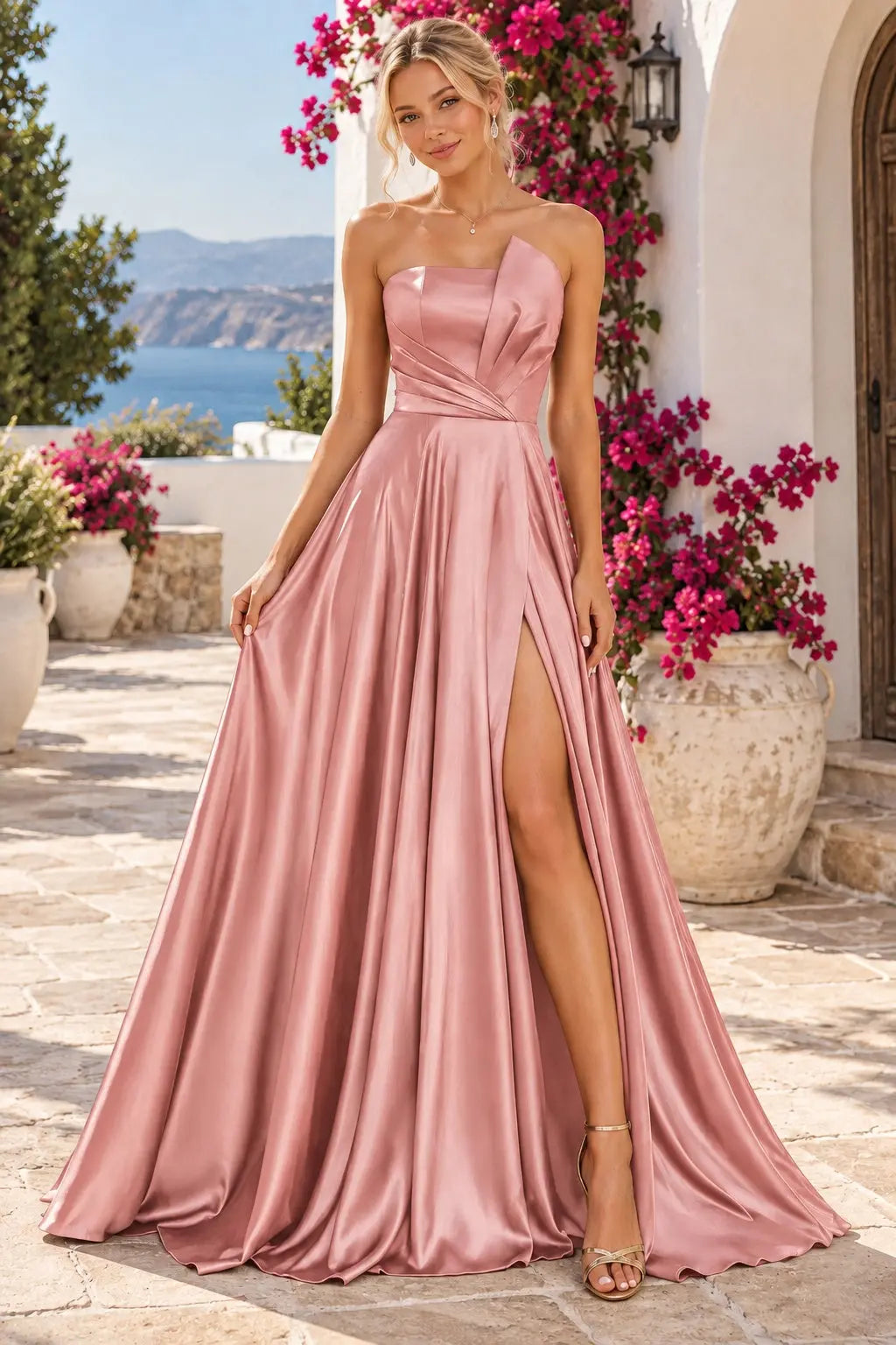 A-line Satin Formal Long Simple Sleeveless Prom Dresses with Slit